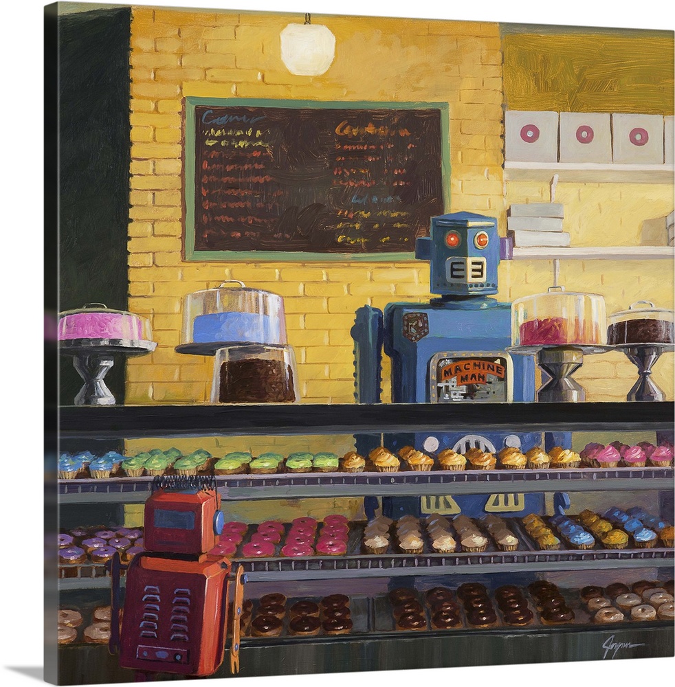 A contemporary painting of a blue retro toy robot standing behind the counter of a donut shop while a small red robot deci...