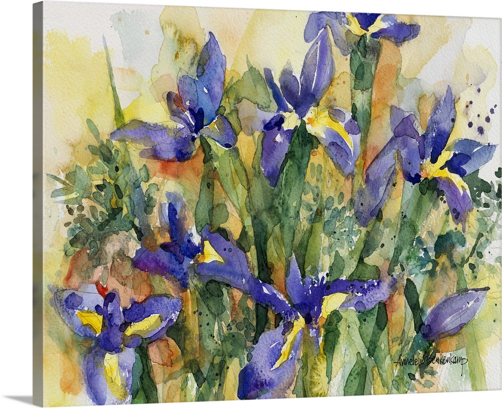 Contemporary watercolor painting of purple flowers.