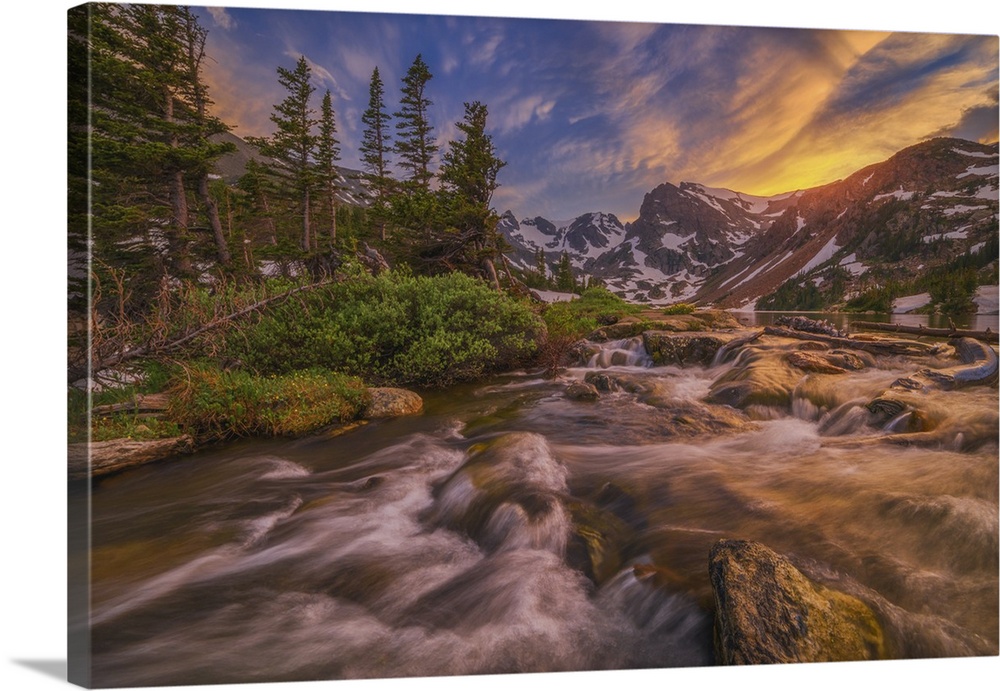 Rushing river at sunset in Indian Peaks, Colorado.