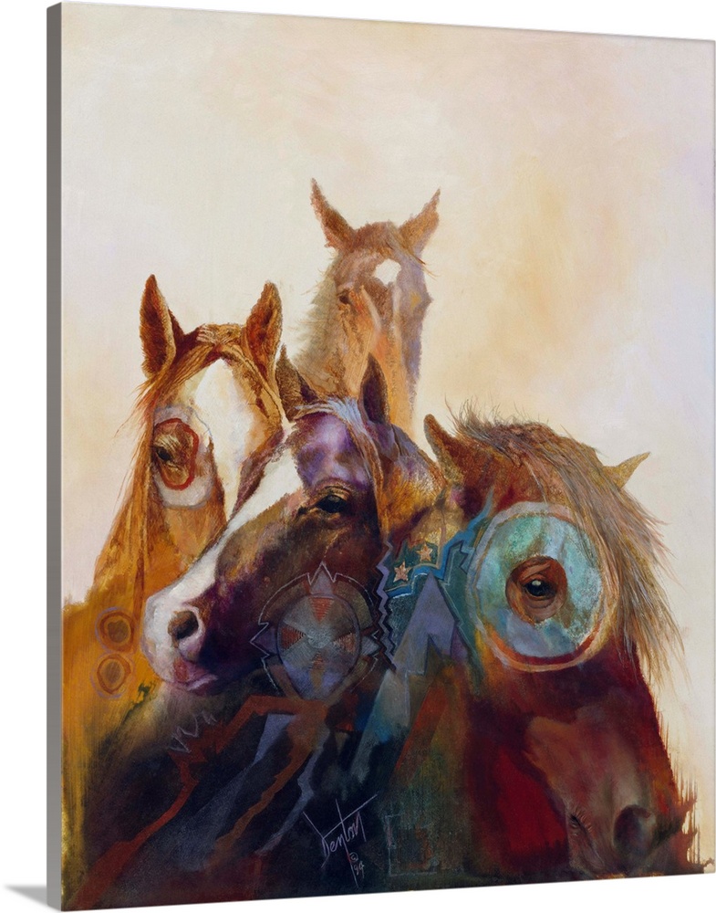 Contemporary painting of wild horses painted in Native American regalia.