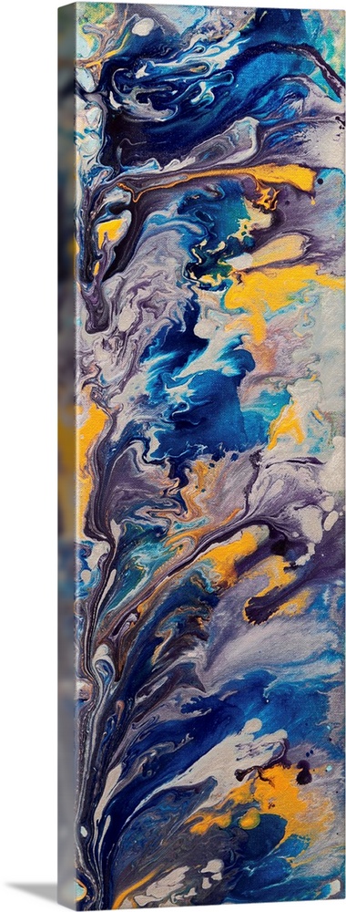 A contemporary abstract painting using deep dark purples and blue tones with hints of yellow.