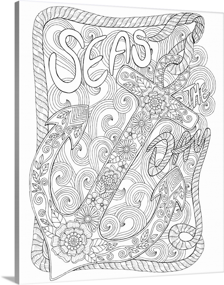 Nautical themed contemporary line art of a floral patterned anchor with waves in the background and the phrase "Seas the D...