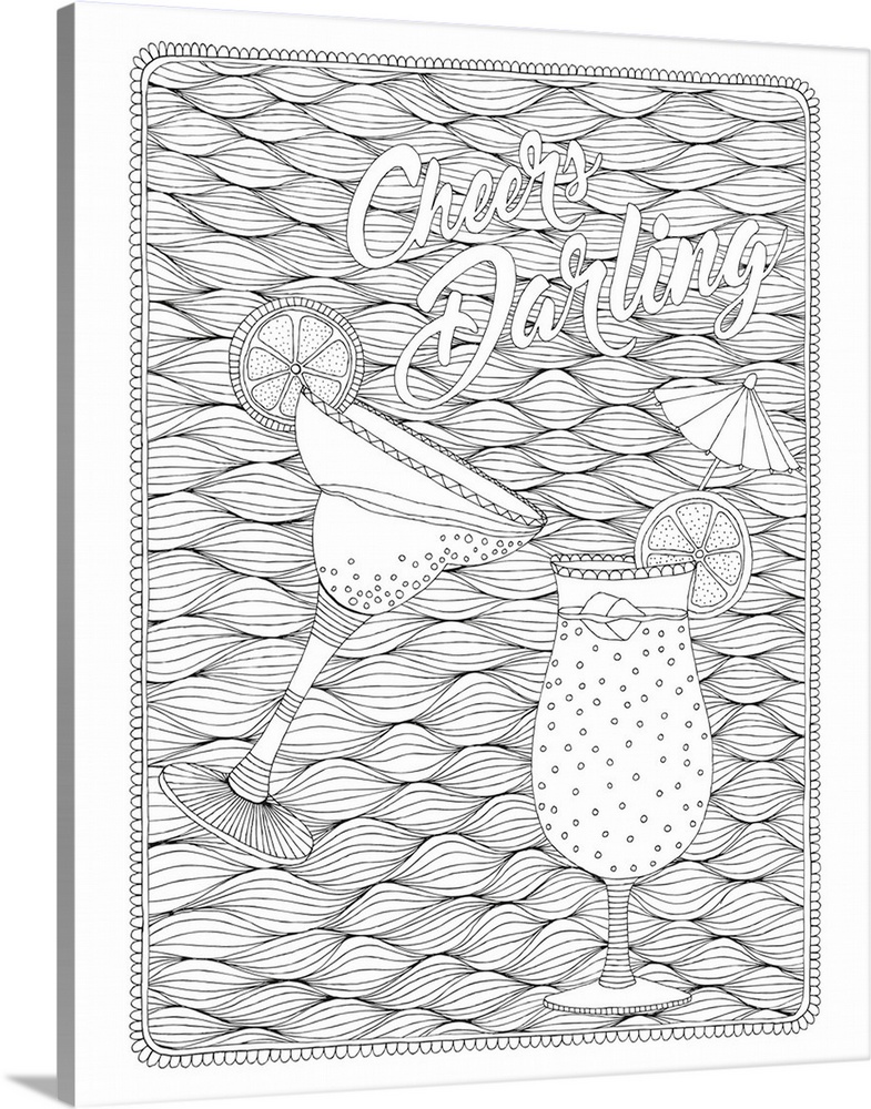 Black and white line art with the phrase "Cheers Darling" written on top of a wavy design with two cocktail glasses
