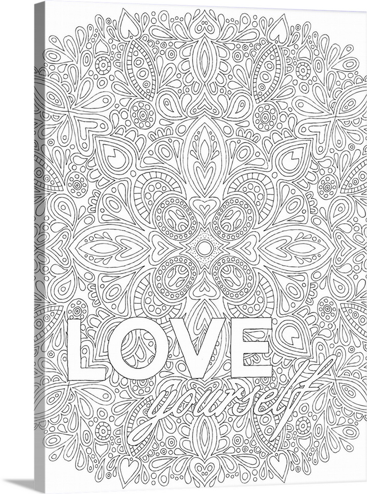 Inspirational black and white line art with an intricately designed background and the phrase "Love Yourself" written at t...
