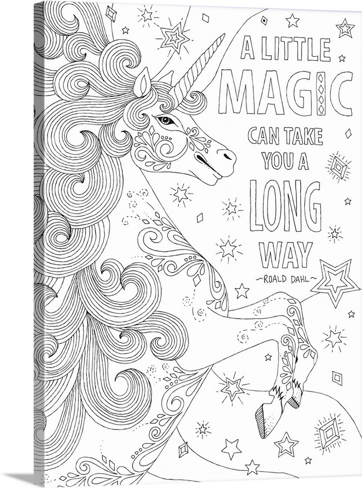 Black and white line art with a uniquely designed unicorn surrounded by stars and jewels and the quote "A Little Magic Can...