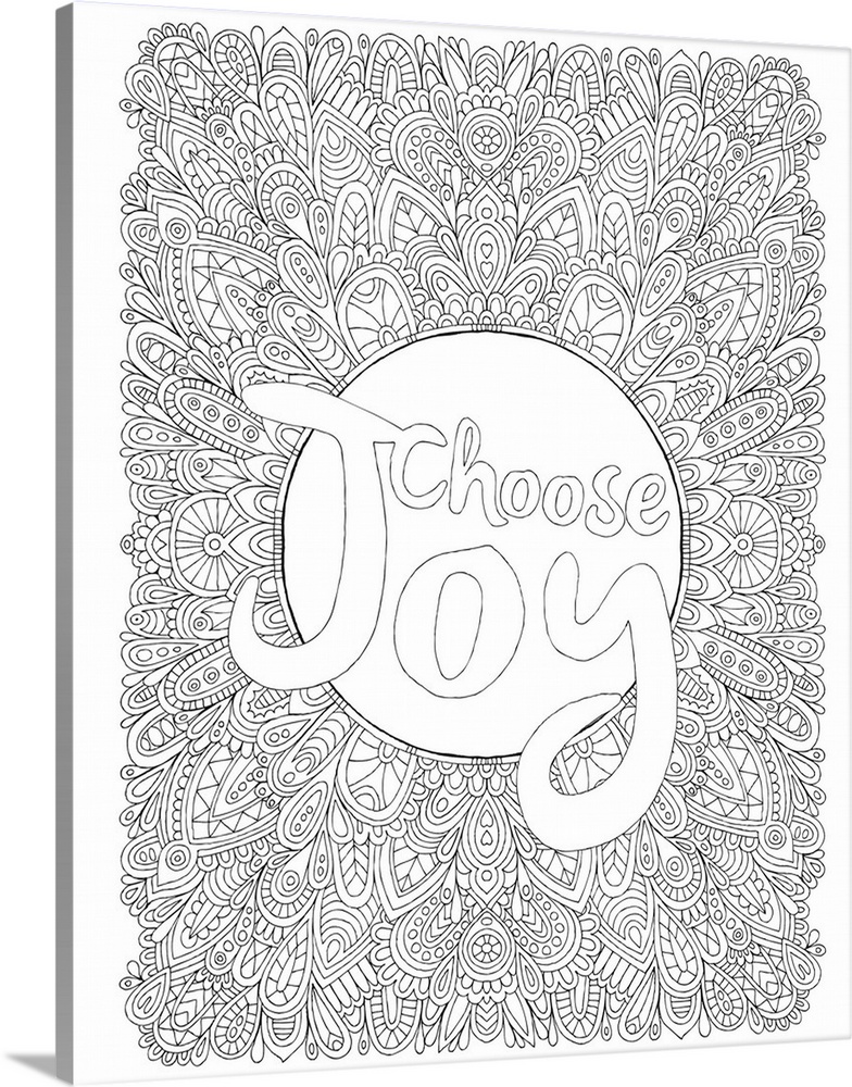 Inspirational black and white line art with the phrase "Choose Joy" in the center and an intricate pattern surrounding it.