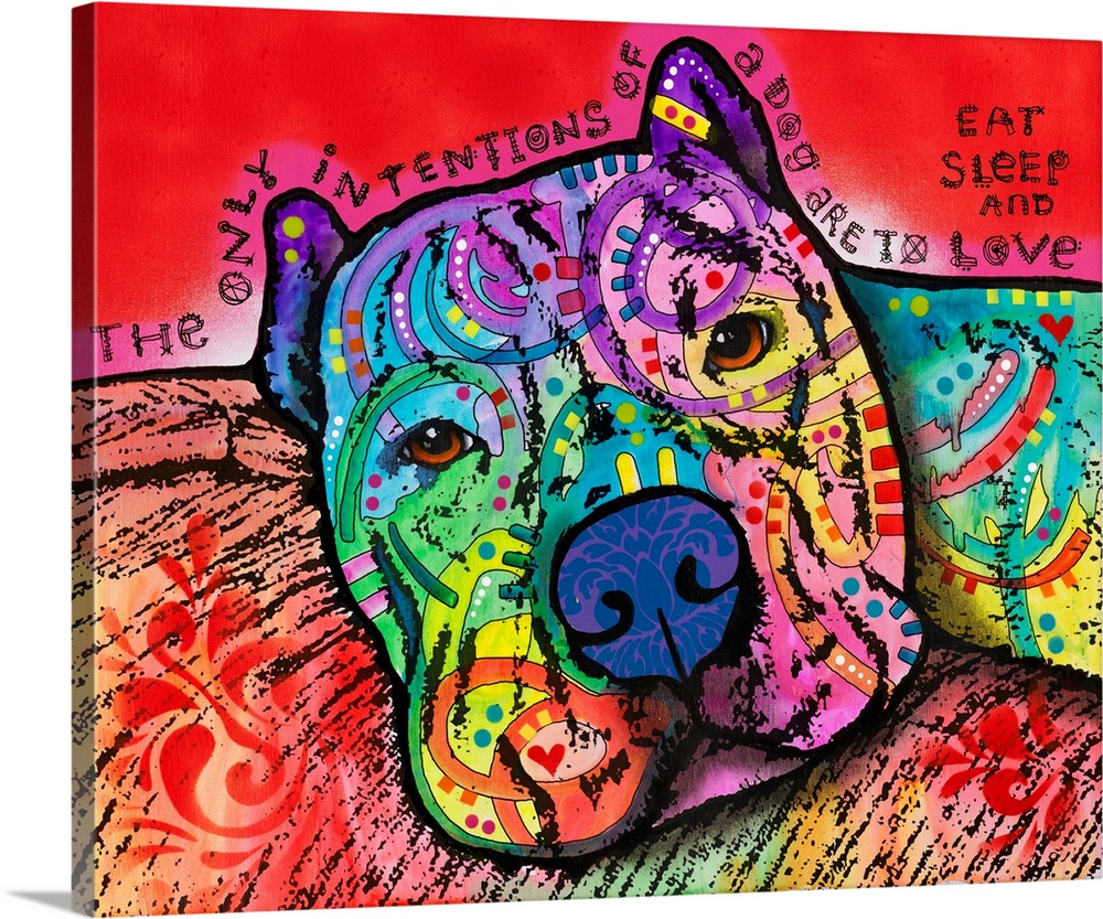 "The Only Intentions of a Dog Are to Eat Sleep and Love" handwritten around a colorful painting of a dog with abstract des...