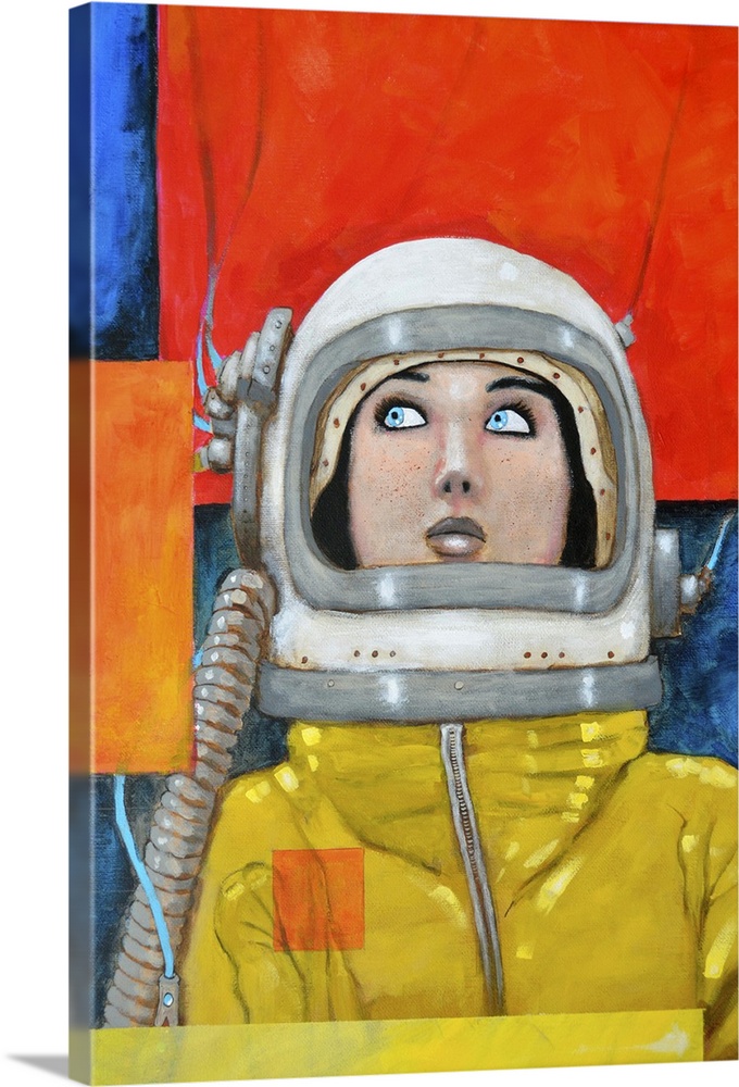 Illustration of a woman wearing a retro space suit in primary colors.