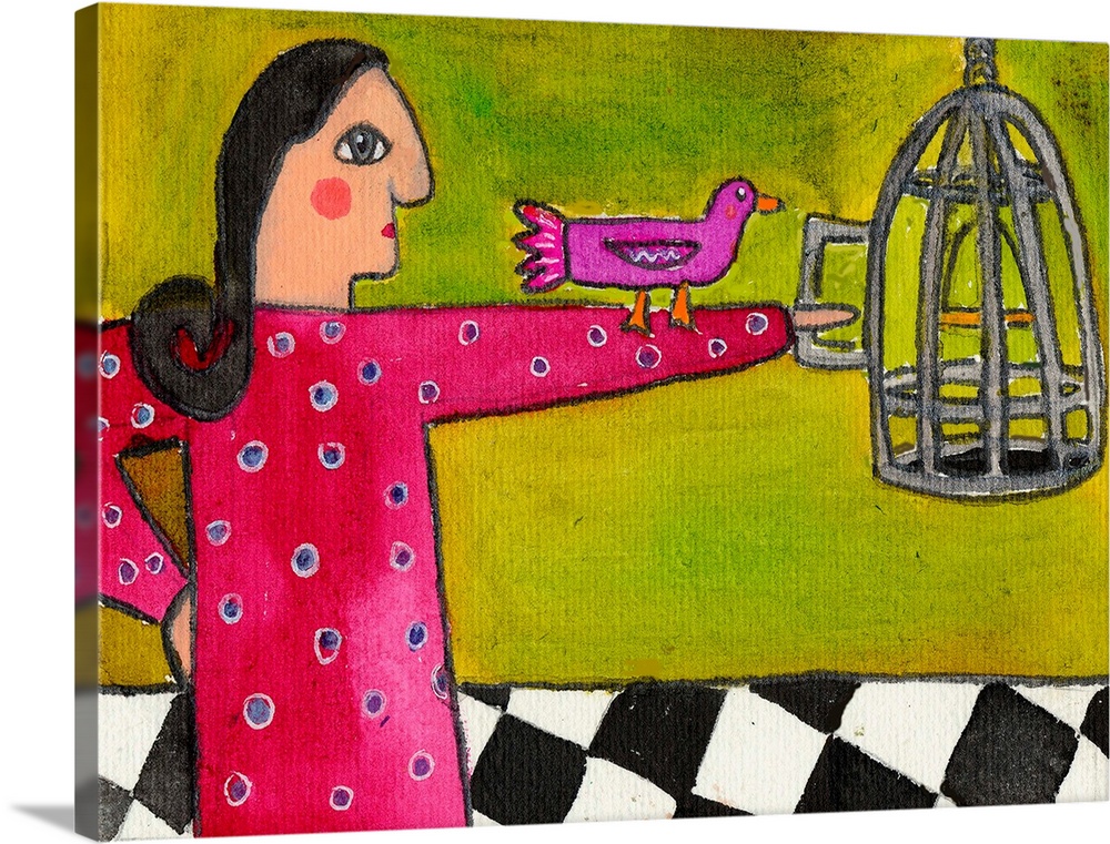 A woman holding a pink bird towards an open cage.