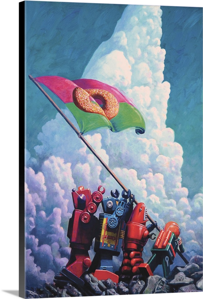 A contemporary painting of four retro toy robots raising a flag with a donut on it recreating an iconic photograph from WWII.