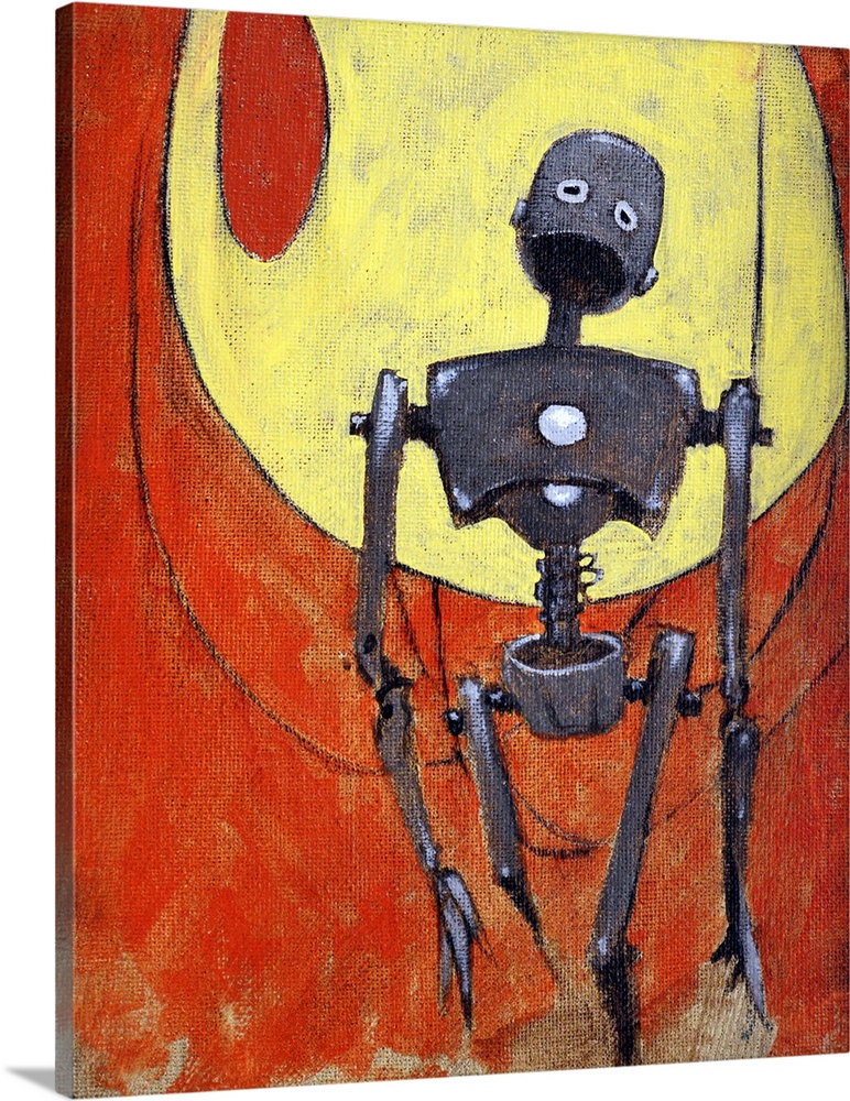 Illustration of a tall metal robot against red and yellow.