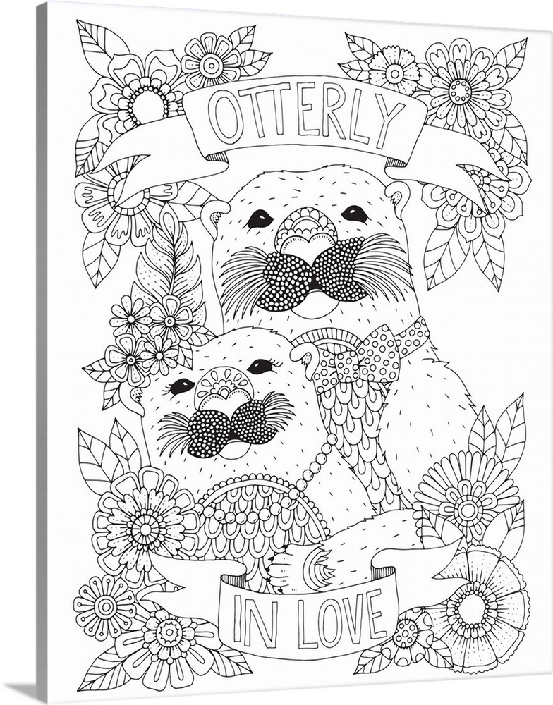 Black and white line art of two dressed up otters surrounded by flowers with the phrase "Otterly in Love" written on ribbons.