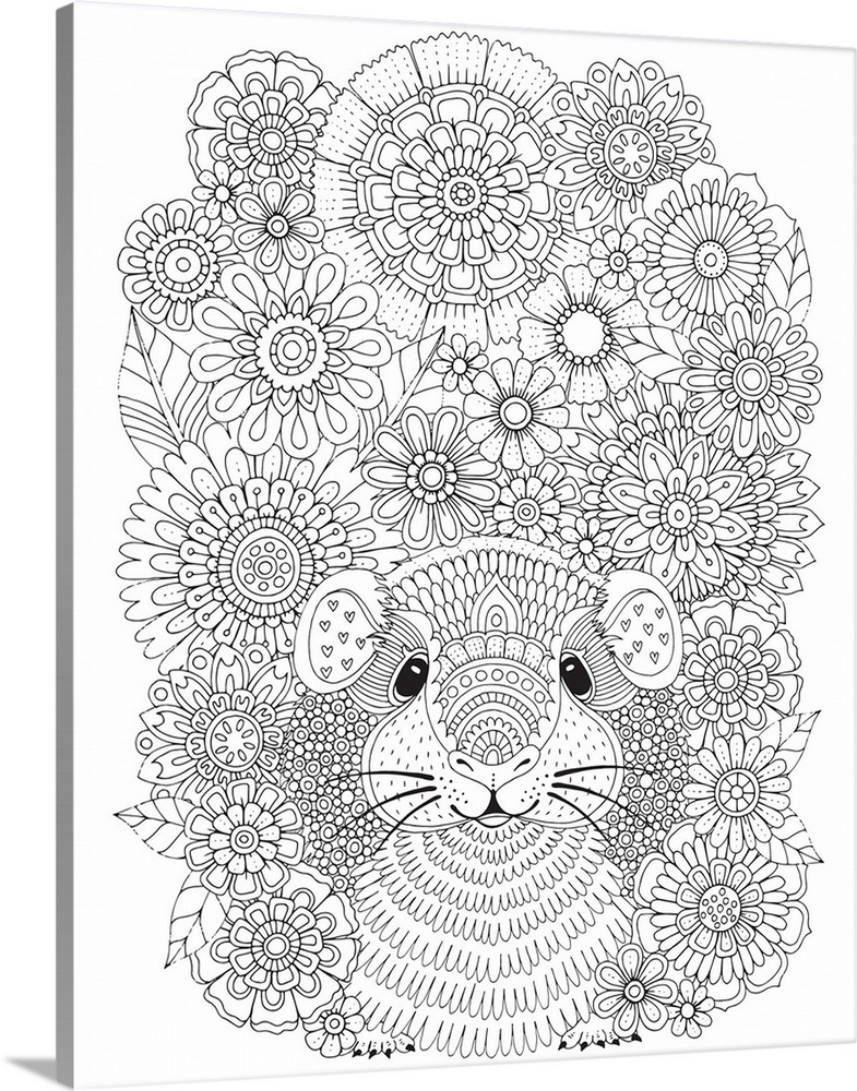Black and white line art of a quokka surrounded by flowers.