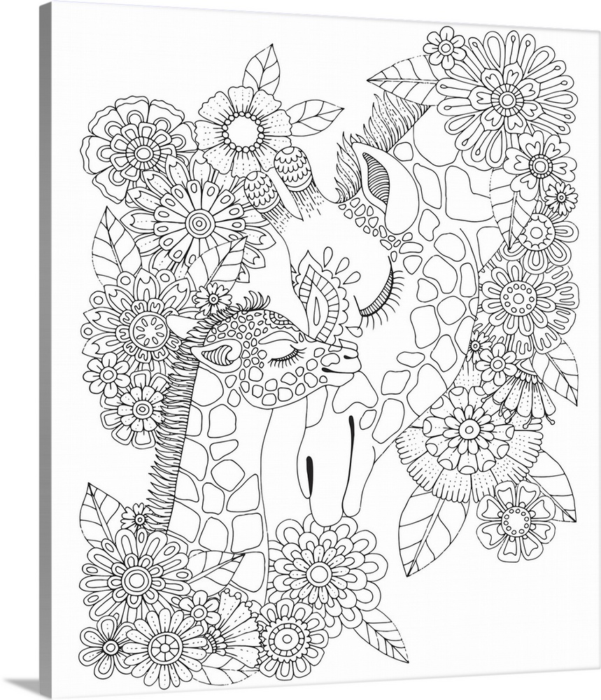 Uniquely designed black and white line art of a mother and baby giraffe snuggling with flowers all around them.