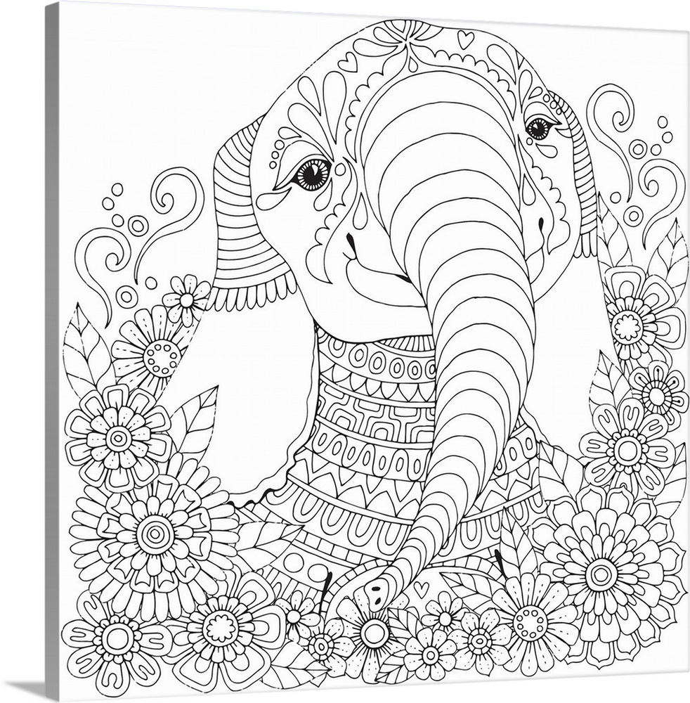 Contemporary lined art of an elephant made with a unique design and flowers.
