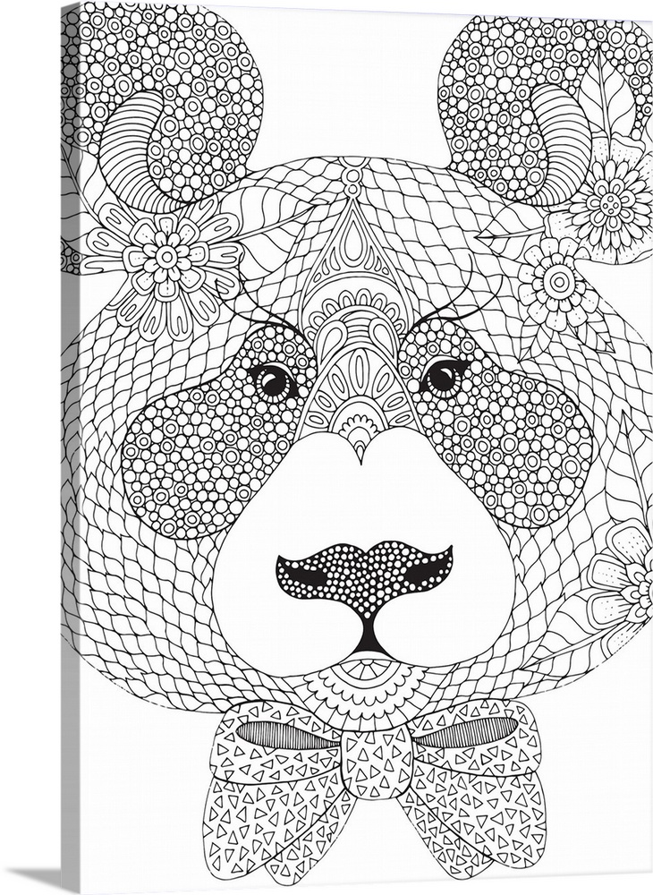 Black and white line art of a uniquely designed bear wearing a bow tie.