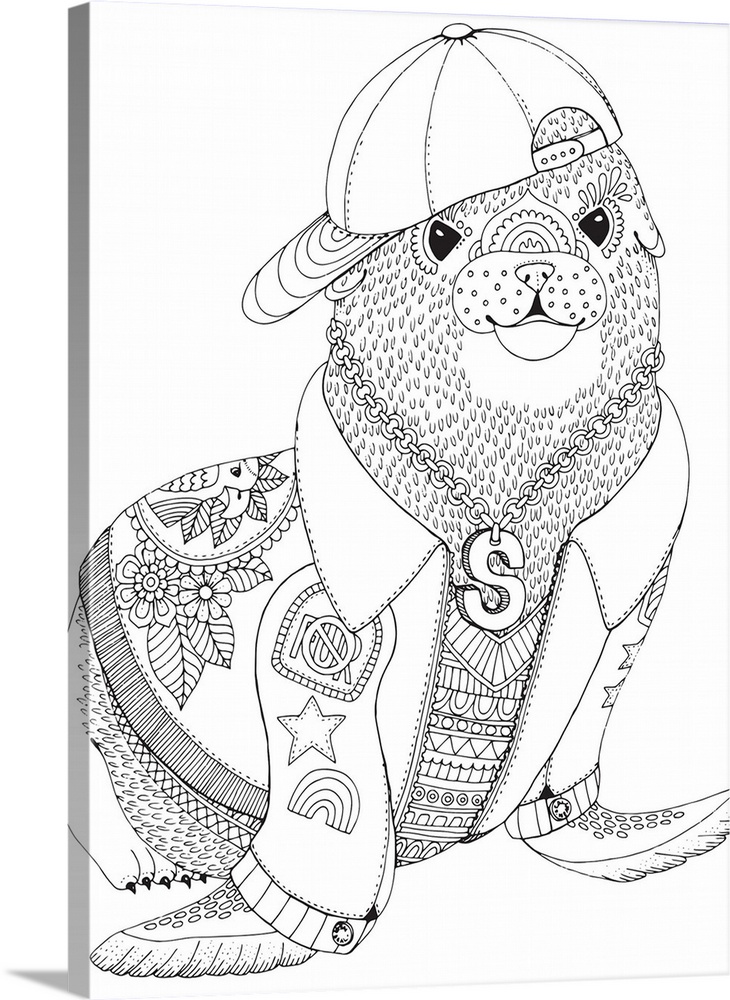 Black and white line art of a sea lion wearing a jacket with patches, a hat, and a chain.
