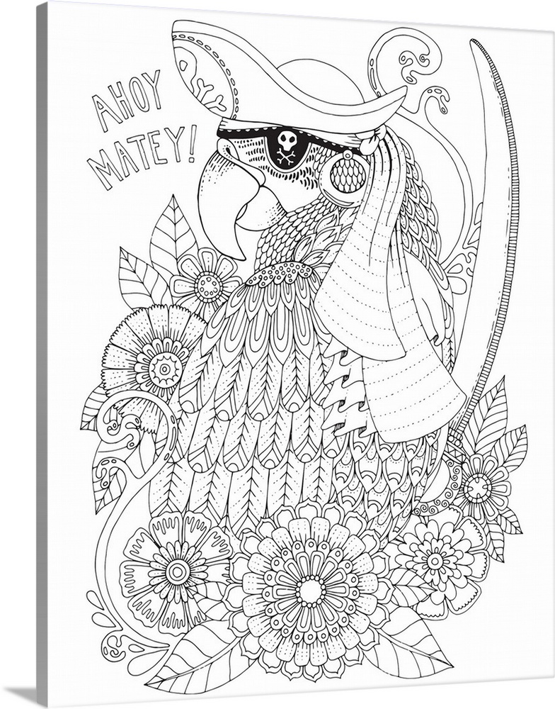 Black and white line art of a uniquely designed parrot wearing a skull and crossbones eye patch surrounded by flowers and ...