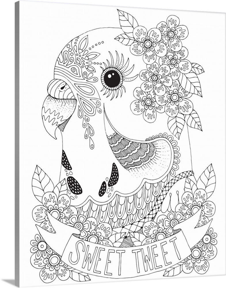 Black and white line art of a parakeet surrounded by flowers with a banner that has the phrase "Sweet Tweet" on it.