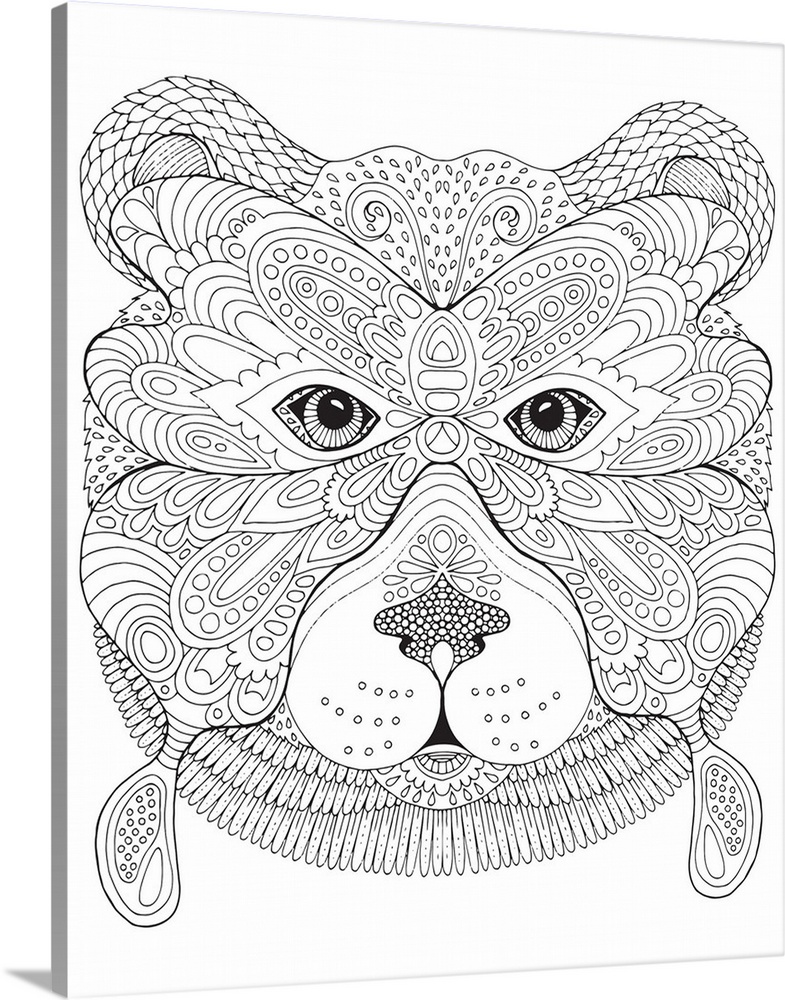 Contemporary line art of a bear with a butterfly mask on made with unique patterns.