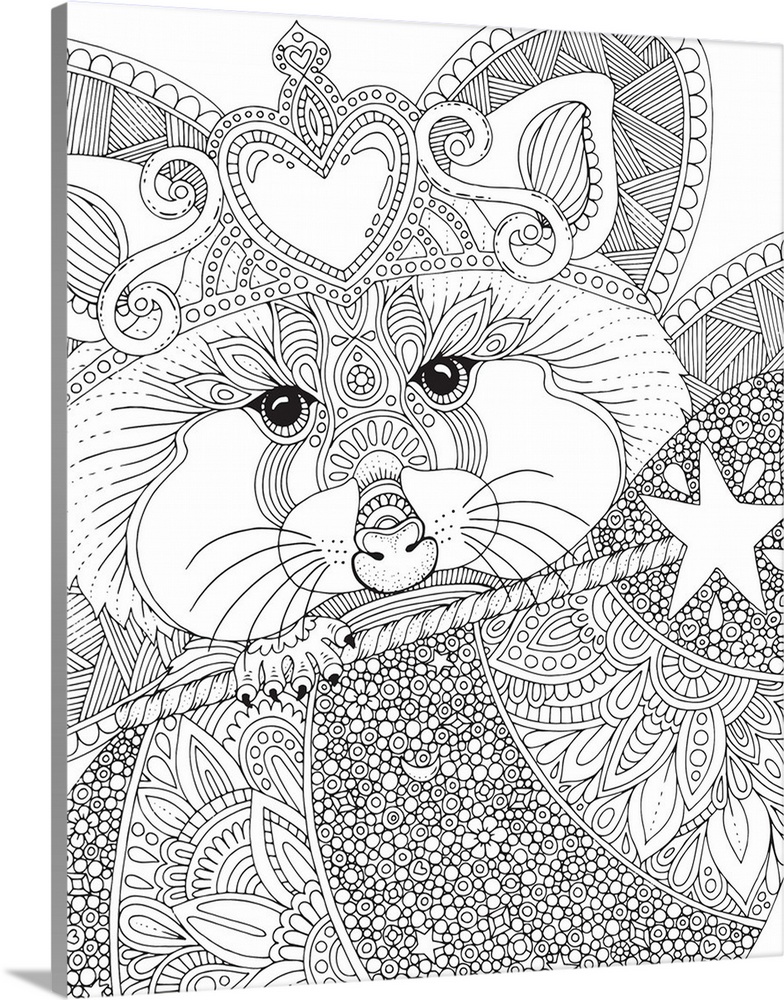 Black and white line art of an intricately designed fox wearing a heart crown and holding a staff with a star on the end.