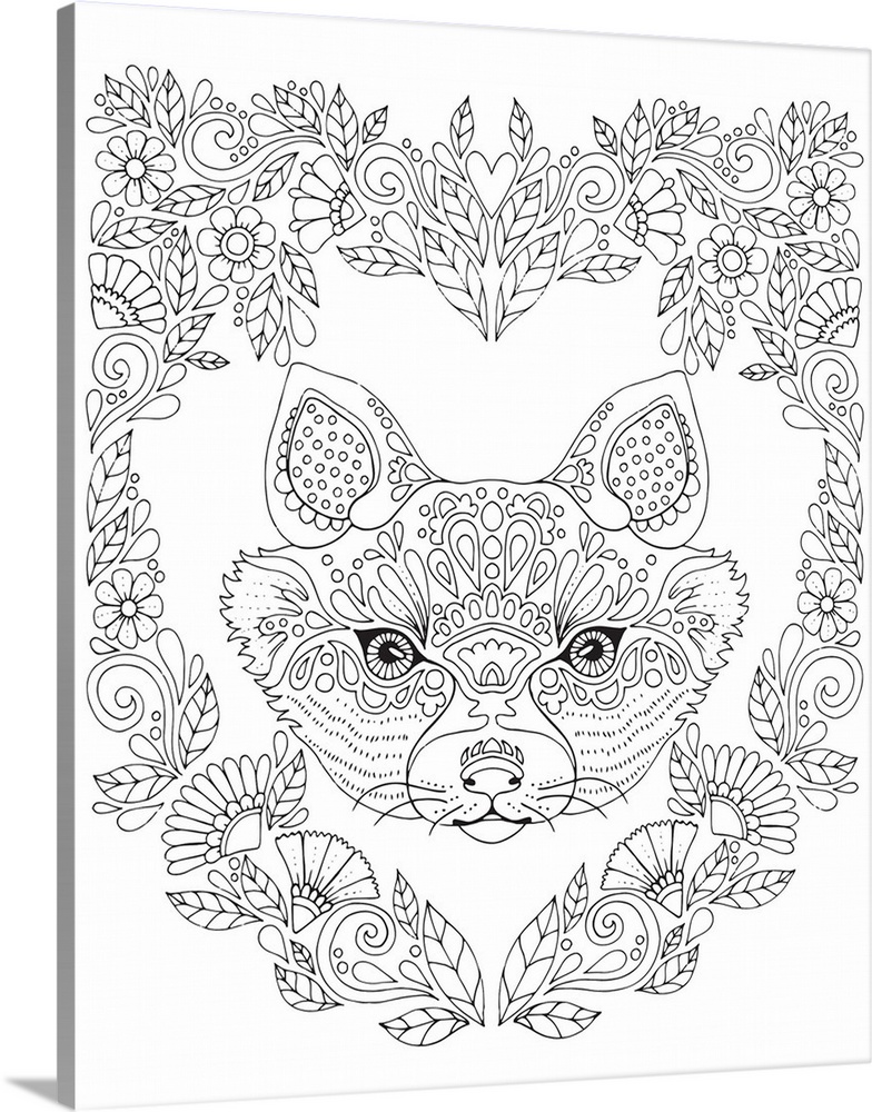 Black and white line art of a fox surrounded by leaves, flowers, and unique designs.
