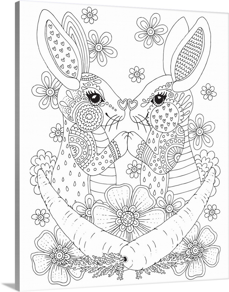 Contemporary line art of two uniquely designed bunnies touching paws surrounded by two large carrots and different sized f...