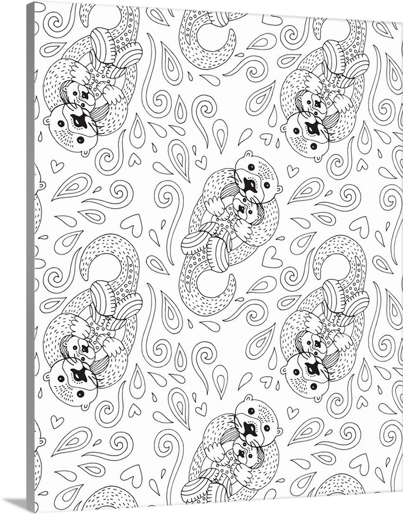 Black and white line art with a pattern of a mother otter floating on her back with a baby otter on her stomach surrounded...