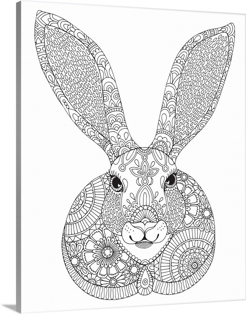 Black and white line art of an intricately designed rabbit with long ears.