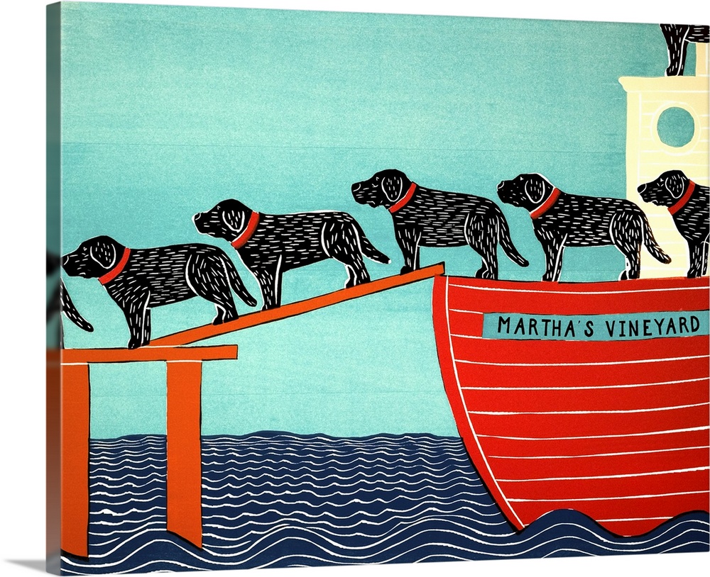 Illustration of a pattern of black and chocolate labs walking off of a Martha's Vineyard ferry.