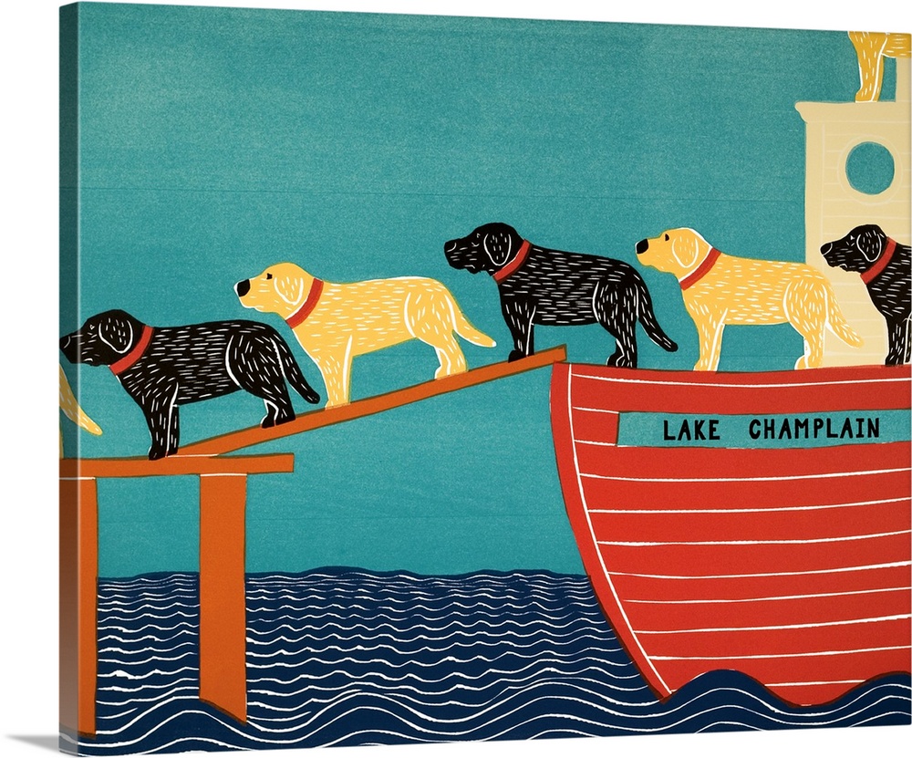 Illustration of a pattern of black and chocolate labs walking off of a Lake Champlain ferry.