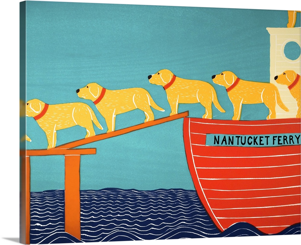 Illustration of a pattern of black and chocolate labs walking off of a Nantucket Ferry.