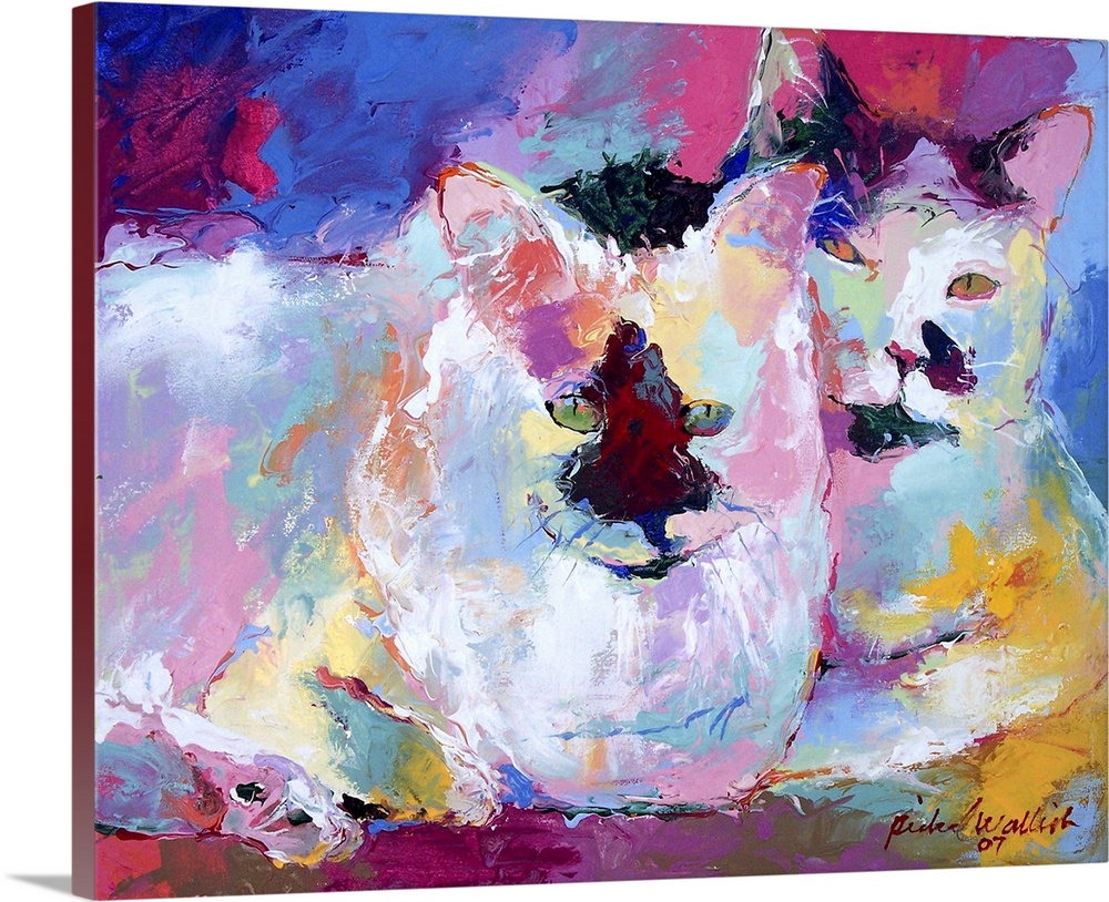 Contemporary vibrant colorful painting of two white cats laying together.