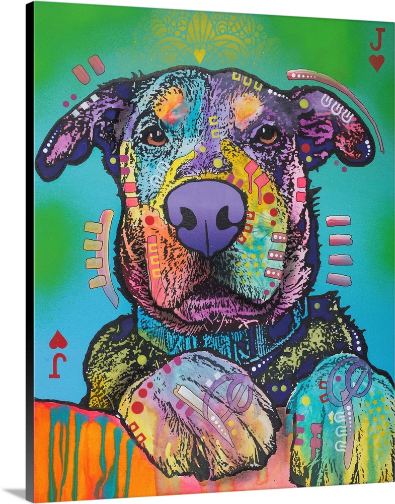Colorfully designed painting of a dog with its paws in the foreground on a blue and green background and a Jack of Hearts ...