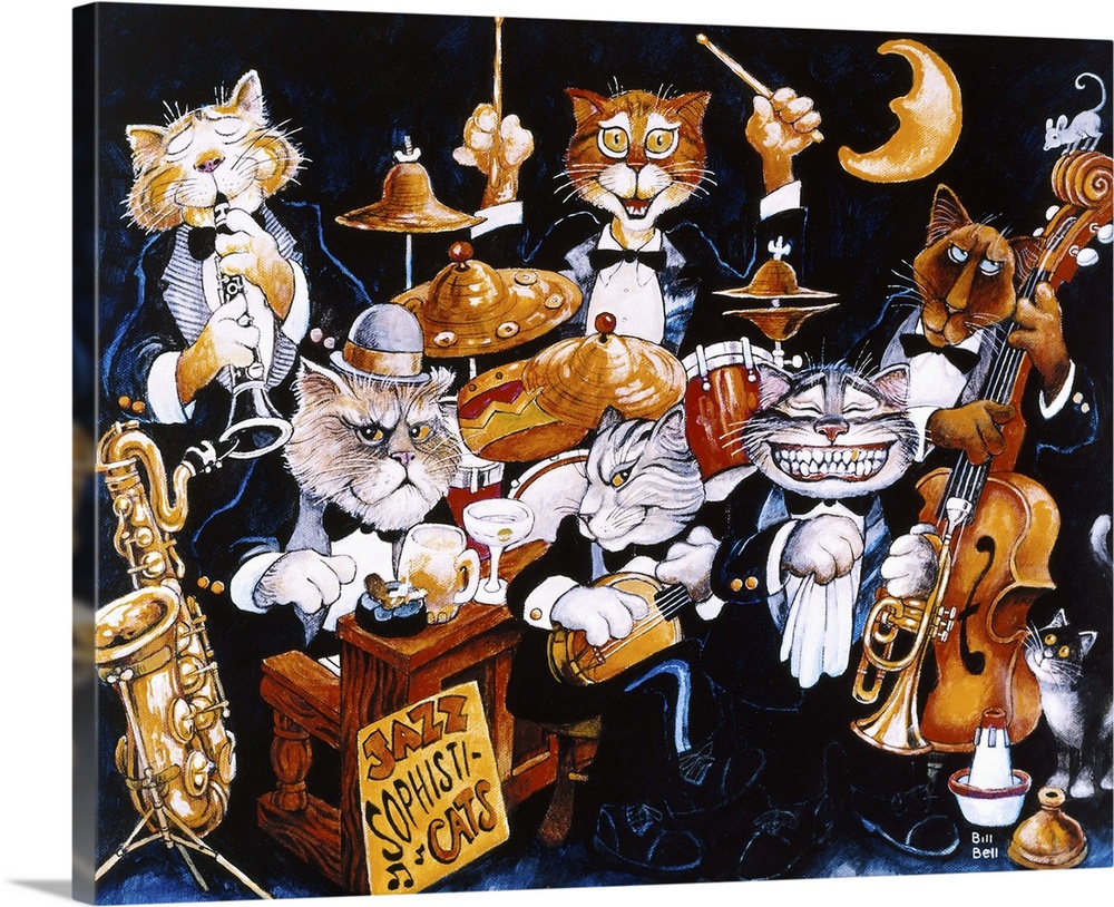 A group of various cats playing instruments in a jazz band.