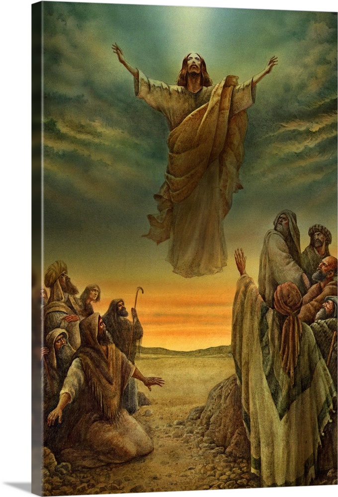 This vertical wall hanging is a painting of Traditional Wall art depicting Jesus floating over a group of figures with his...