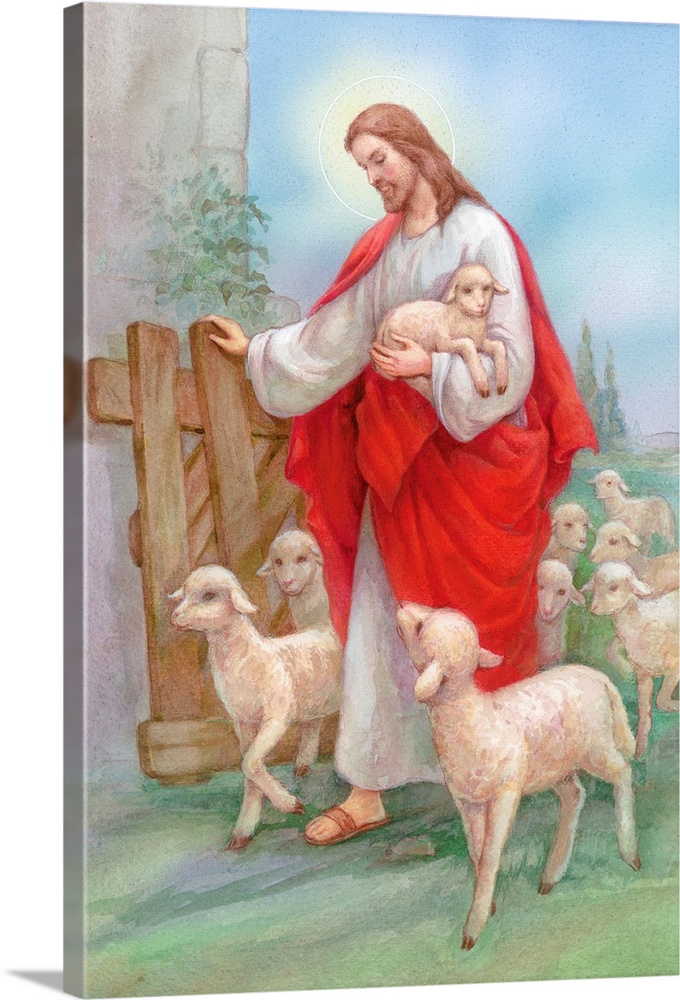 Jesus in a red robe with a herd of sheep, shepherd