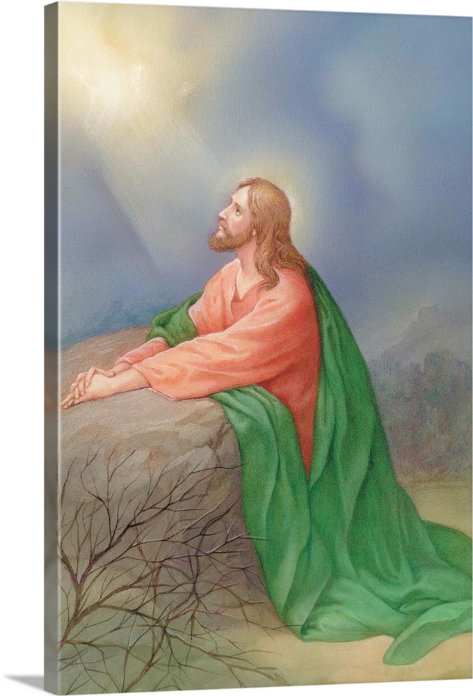 Jesus kneeling by a rock praying
