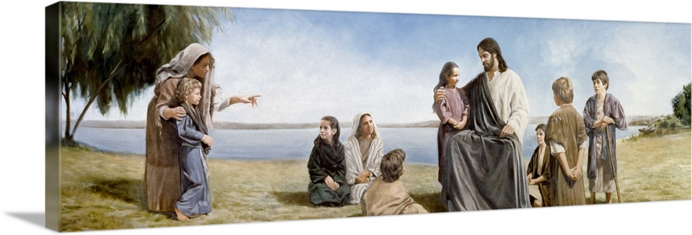 Children gathered around Jesus on a beach.