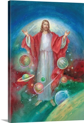 Jesus with his arms open wide and the planets all around him