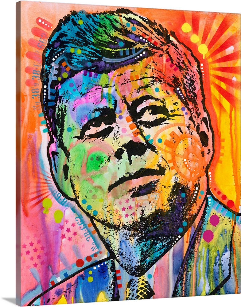Pop art style painting of John F. Kennedy with different colors and abstract designs all over.