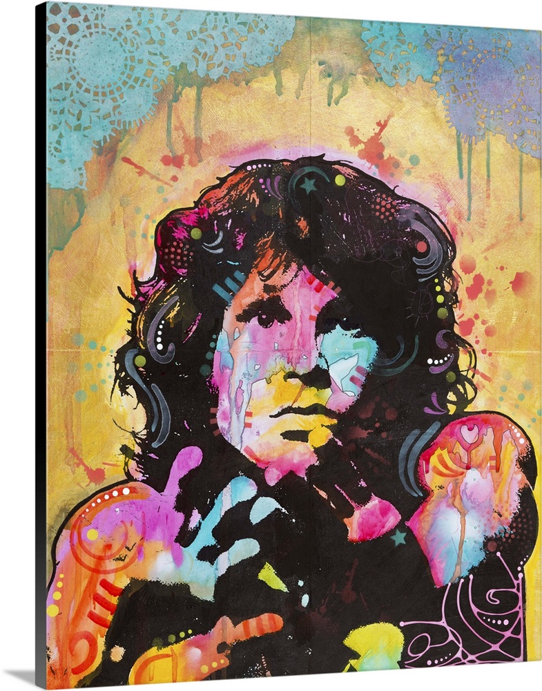 Pop art style illustration of Jim Morrison with colorful graffiti designs and markings.