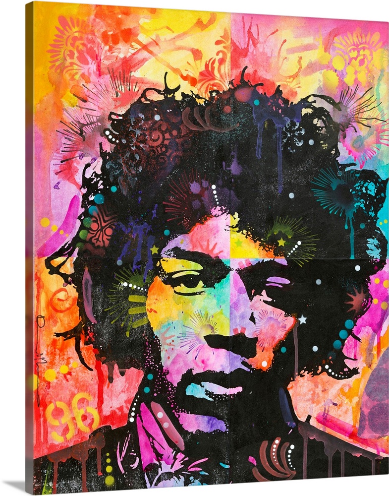 Pop art style painting of Jimi Hendrix with bright warm hues and graffiti-like designs.