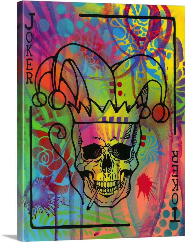 Illustration of a Joker playing card with the skull smoking on a colorful graffiti style background.