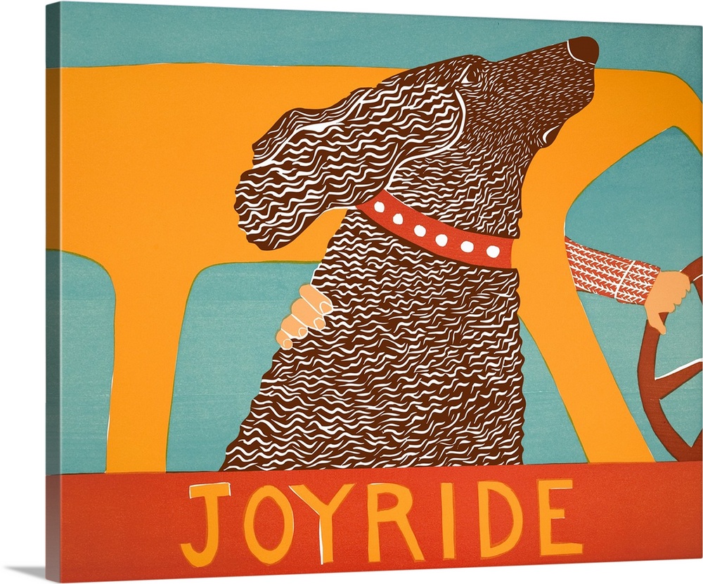 Illustration of a chocolate lab riding in a car with its head out of the window and the phrase "Joyride" written at the bo...