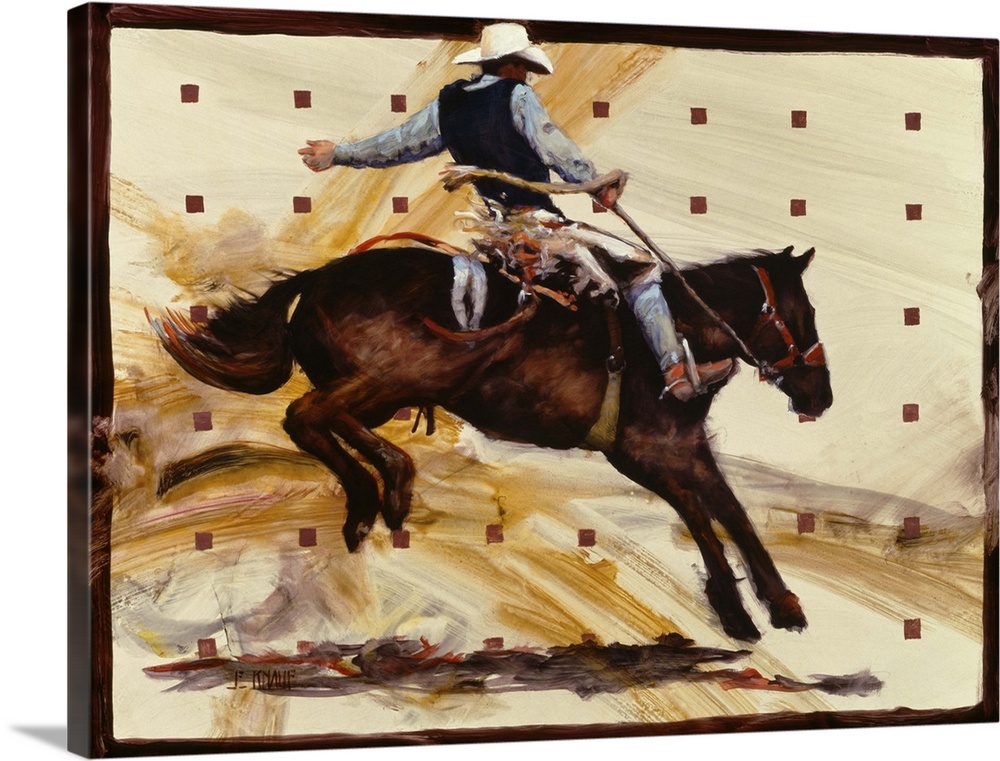 Western themed contemporary painting of a cowboy riding a bucking bronco.