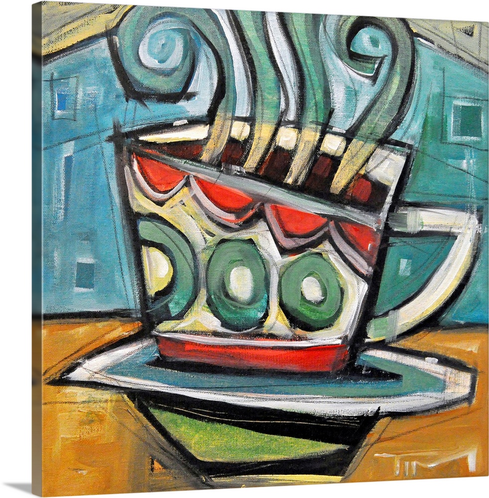 Modern artwork of a coffe cup sitting on a table with steam from the hot coffee pouring out of the top of the cup. Cool to...