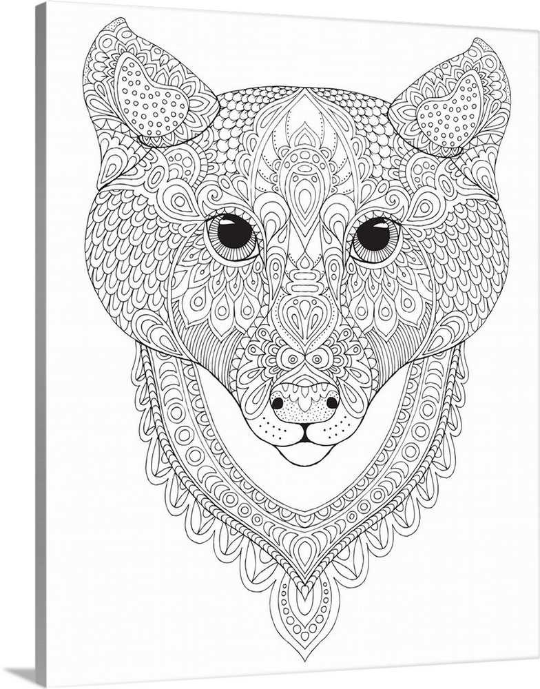 Black and white line art of an intricately designed jungle cat head.