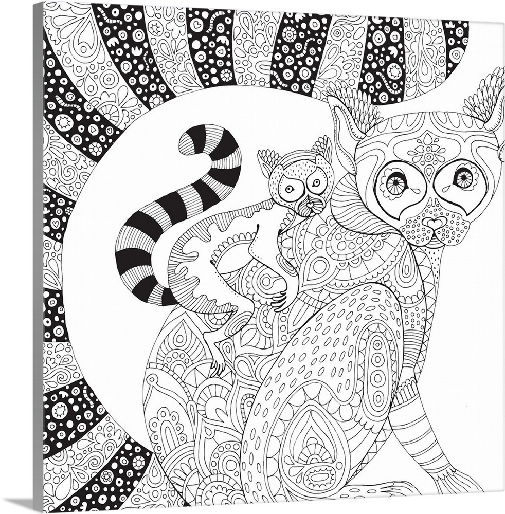 Jungle themed line art of a mother lemur with a baby lemur on her back.