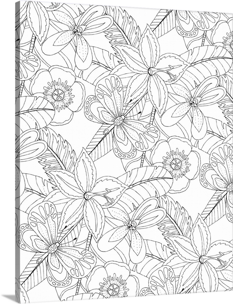 Black and white lined design of flowers and butterflies.